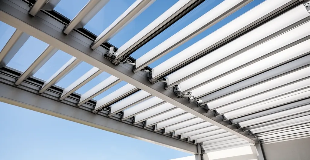 Lamas de aluminio en posición semi-abierta mostrando mecanismo de rotación