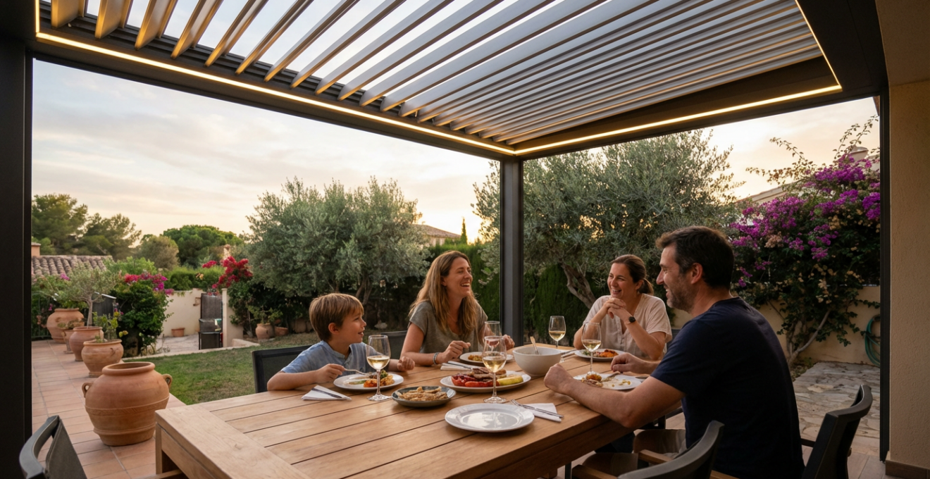 Familia disfrutando de cena bajo pérgola bioclimática con lamas orientables iluminadas