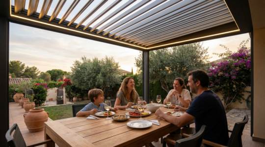 Familia disfrutando de cena bajo pérgola bioclimática con lamas orientables iluminadas