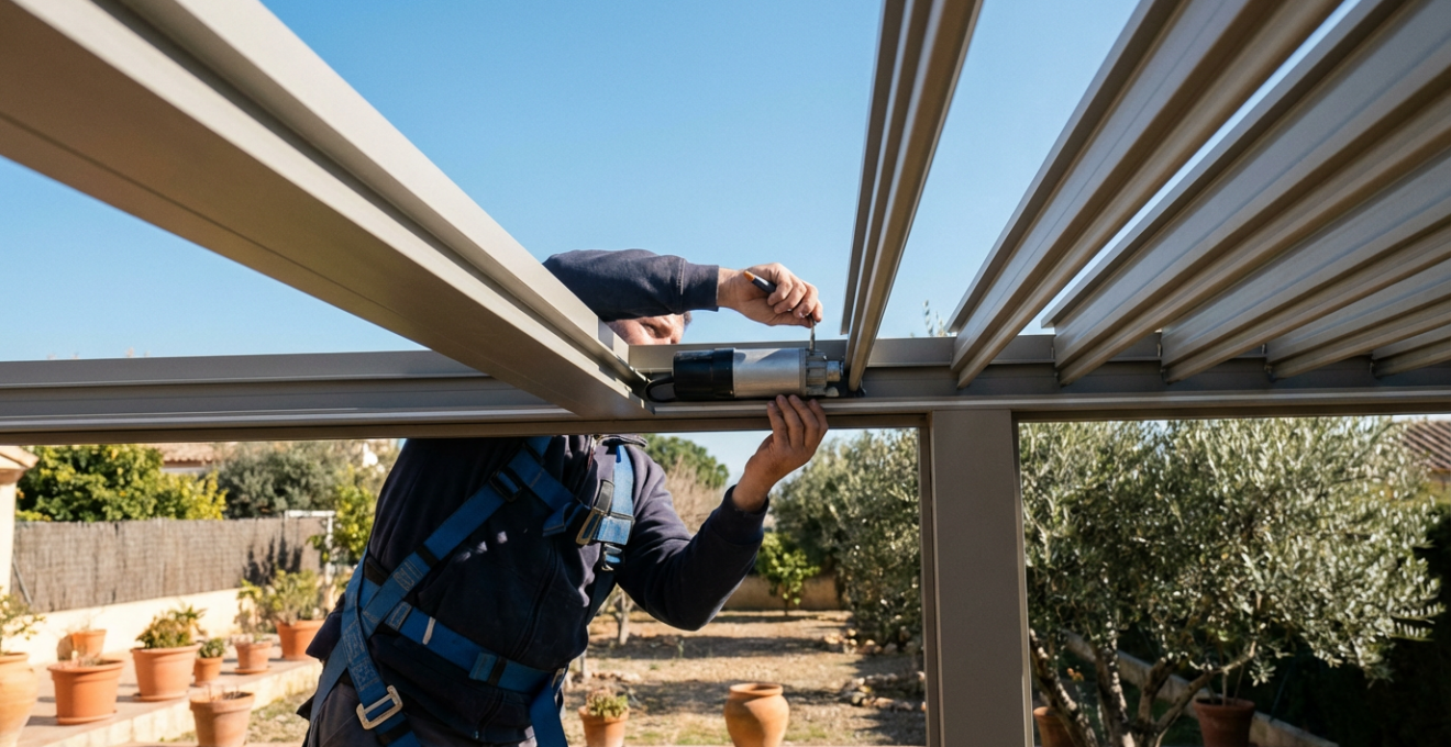 Técnico instalador ajustando motor de pérgola bioclimática durante montaje profesional