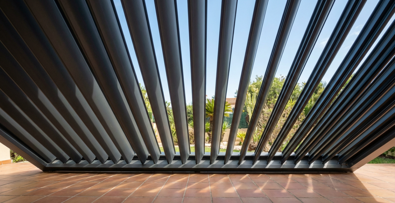 Detalle de lamas orientables de pérgola bioclimática filtrando luz solar sobre terraza
