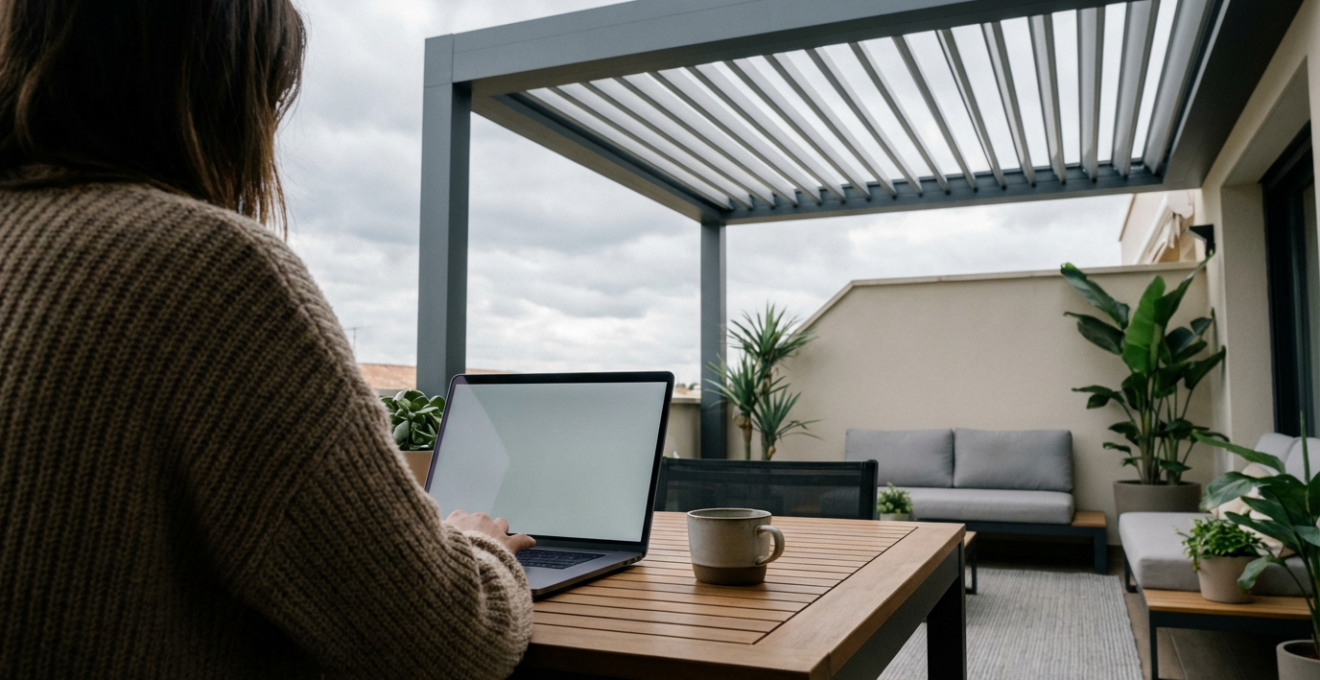Profesional trabajando con portátil en terraza cubierta por pérgola bioclimática