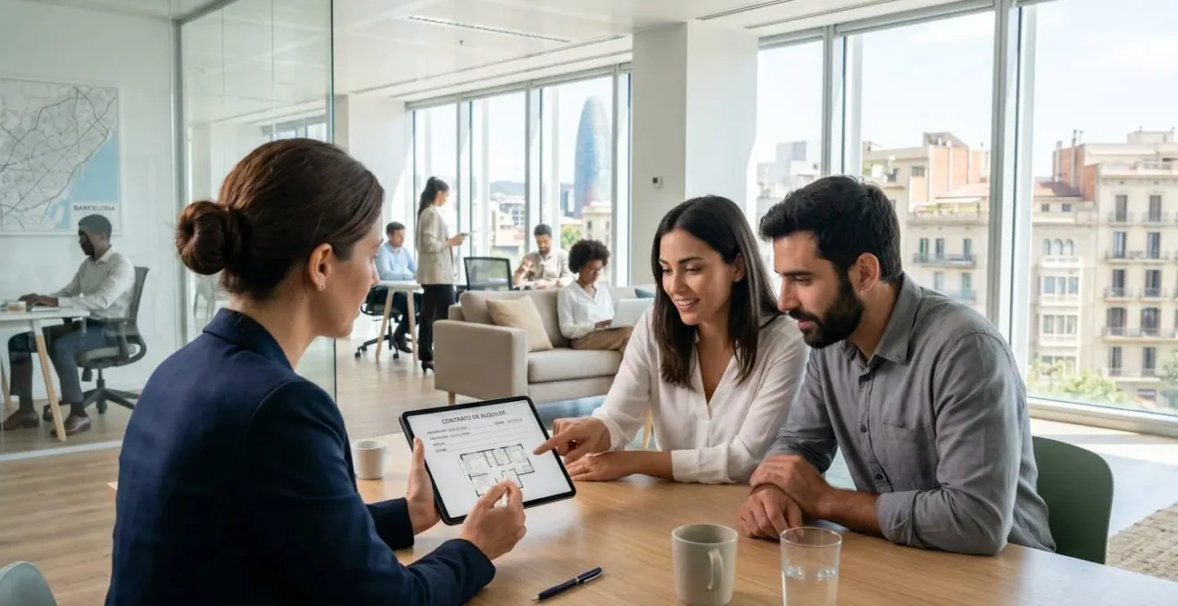 Un agente inmobiliario mostrando documentos en una tablet a una pareja de clientes en una oficina moderna de Barcelona durante una reunión de asesoramiento