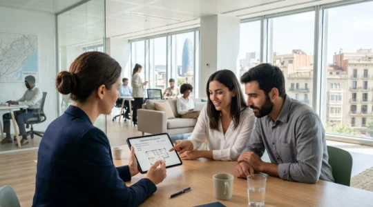 Un agente inmobiliario mostrando documentos en una tablet a una pareja de clientes en una oficina moderna de Barcelona durante una reunión de asesoramiento