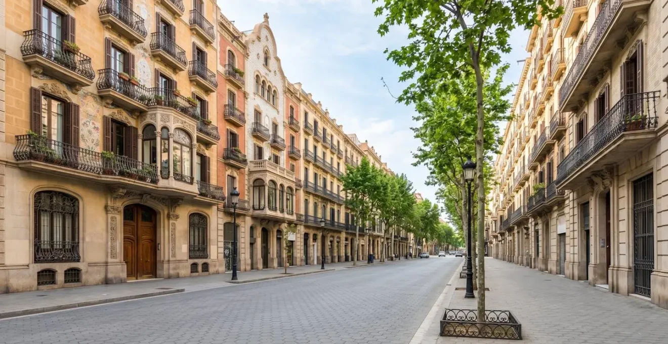 Vista de edificios residenciales modernistas en el barrio del Eixample de Barcelona, calle tranquila con arquitectura catalana típica bajo luz natural diurna