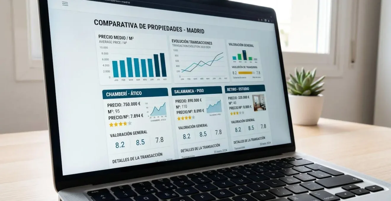 Primer plano de una pantalla de ordenador mostrando una interfaz de comparación de agencias inmobiliarias con gráficos de datos y valoraciones, teclado moderno parcialmente visible