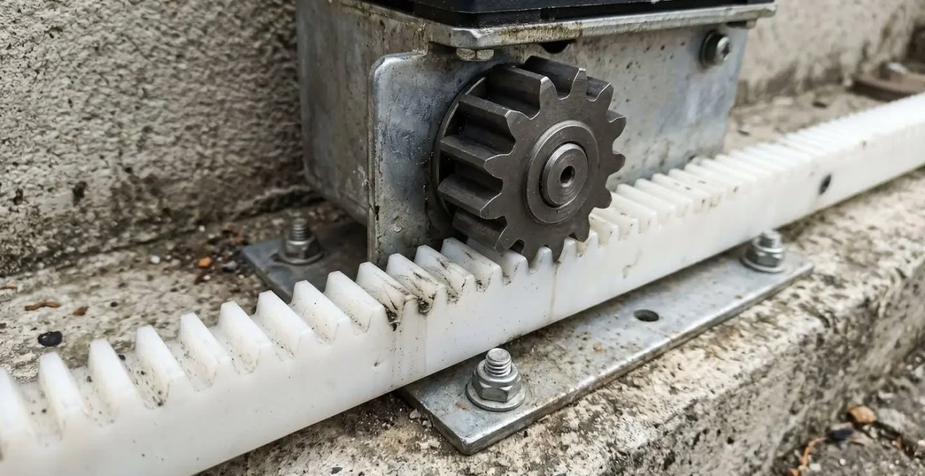 Detalle macro de la cremallera de nylon engranada con el piñón del motor de una puerta corredera, mostrando el punto de contacto crítico entre ambos componentes