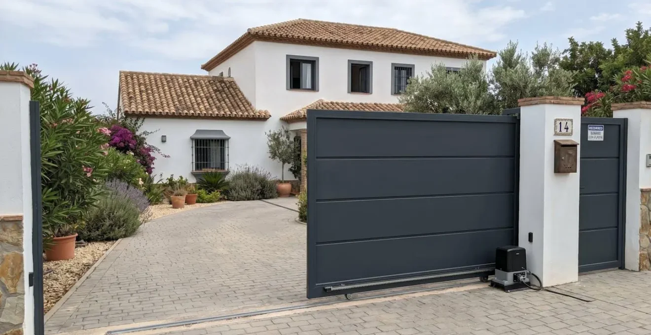 Puerta corredera exterior de aluminio en posición semiabierta mostrando el carril guía y sistema de motorización en entrada de vivienda moderna española