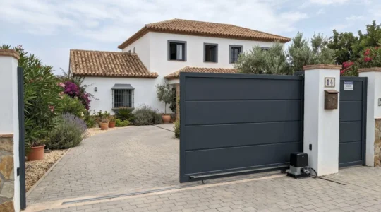 Puerta corredera exterior de aluminio en posición semiabierta mostrando el carril guía y sistema de motorización en entrada de vivienda moderna española