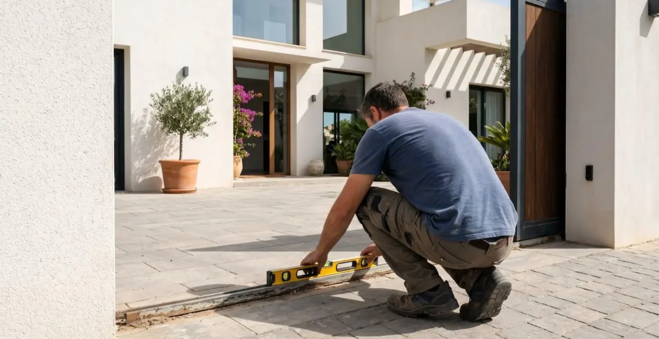 Persona vista de espaldas verificando la nivelación del carril guía de una puerta corredera con herramienta de nivel en entrada de vivienda española