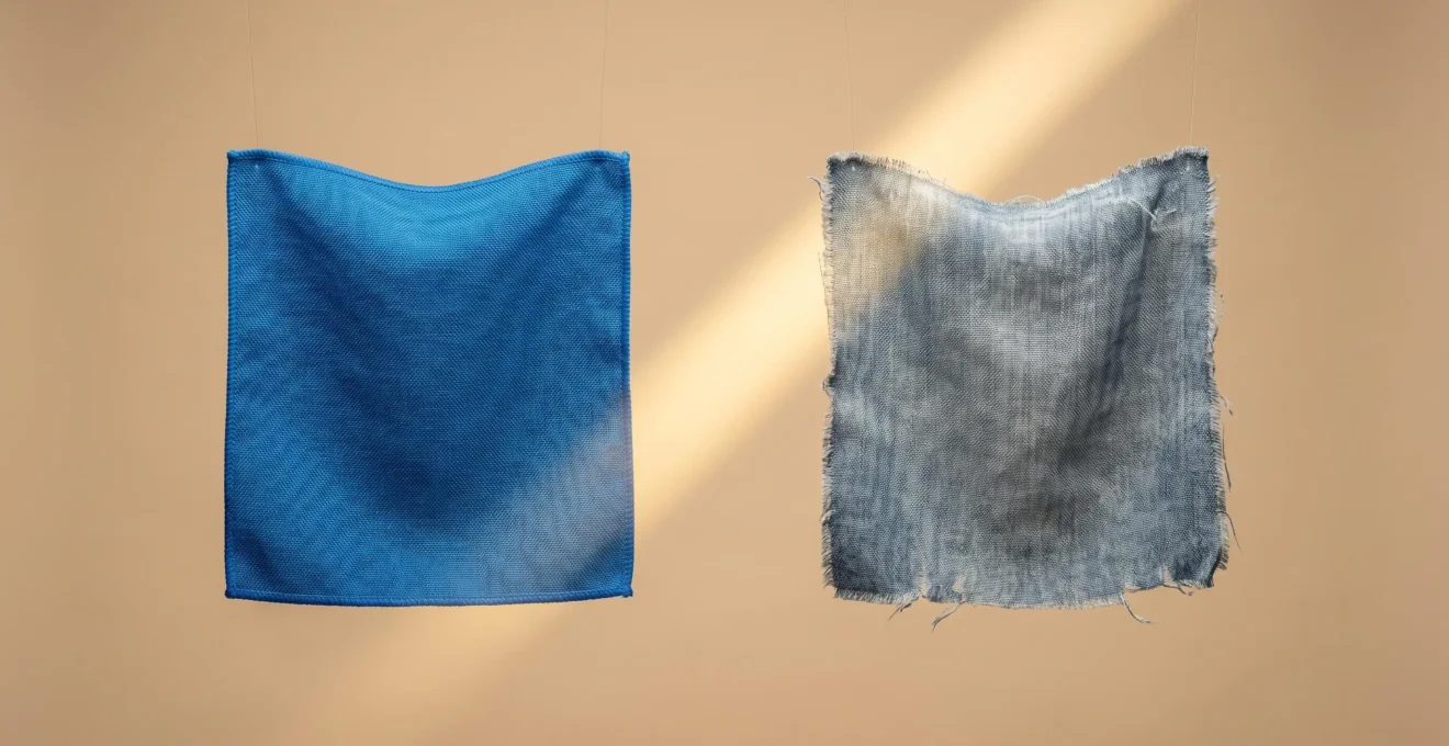 Dos muestras de tejido textil suspendidas: una en azul intenso preservado y otra decolorada en gris azulado, separadas por un haz de luz dorada que simboliza la exposición solar