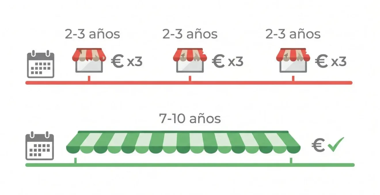 Infografía timeline comparando dos líneas: superior en rojo con 3 renovaciones de toldo cada 2-3 años (gasto repetido), inferior en verde con un toldo único durando 7-10 años (inversión duradera)