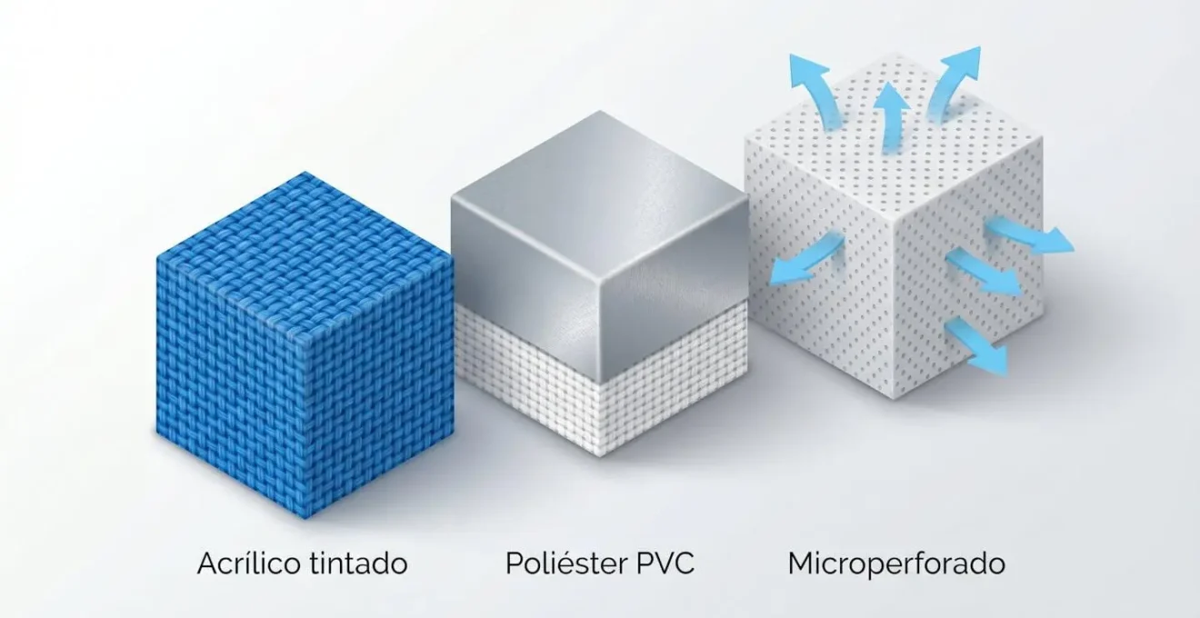 Tres bloques isométricos 3D mostrando texturas ampliadas de tejidos de toldo: acrílico con trama densa azul, poliéster con revestimiento plateado y microperforado con orificios y flechas de flujo de aire