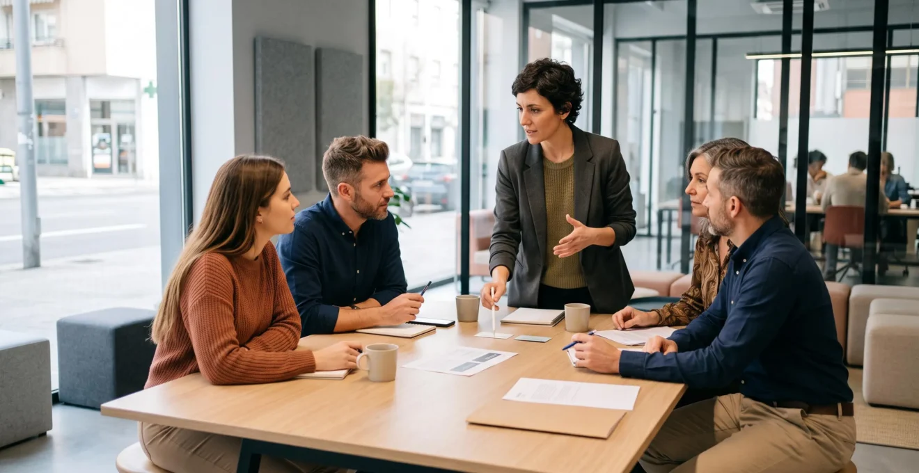 Taller colaborativo de evaluación con un equipo de profesionales reunidos alrededor de una mesa en un espacio de trabajo moderno español