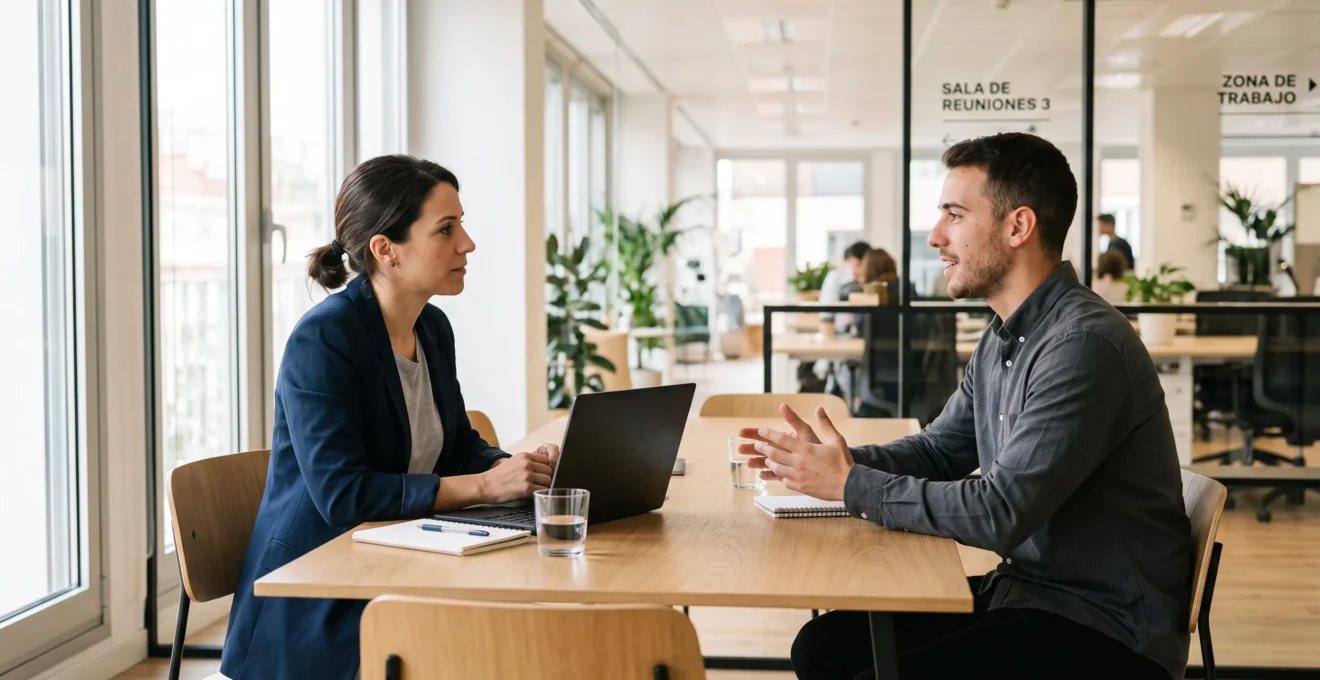 Entrevista profesional entre una responsable de RRHH y un candidato en una oficina moderna española, conversación natural centrada en la evaluación cultural