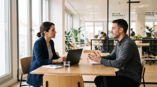 Entrevista profesional entre una responsable de RRHH y un candidato en una oficina moderna española, conversación natural centrada en la evaluación cultural