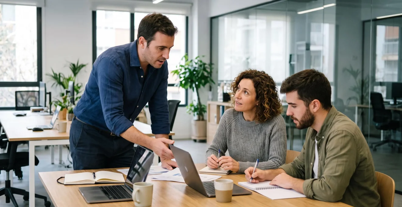 Equipo de profesionales colaborando naturalmente alrededor de una mesa de trabajo en una oficina moderna española, revelando la cultura empresarial vivida en el día a día